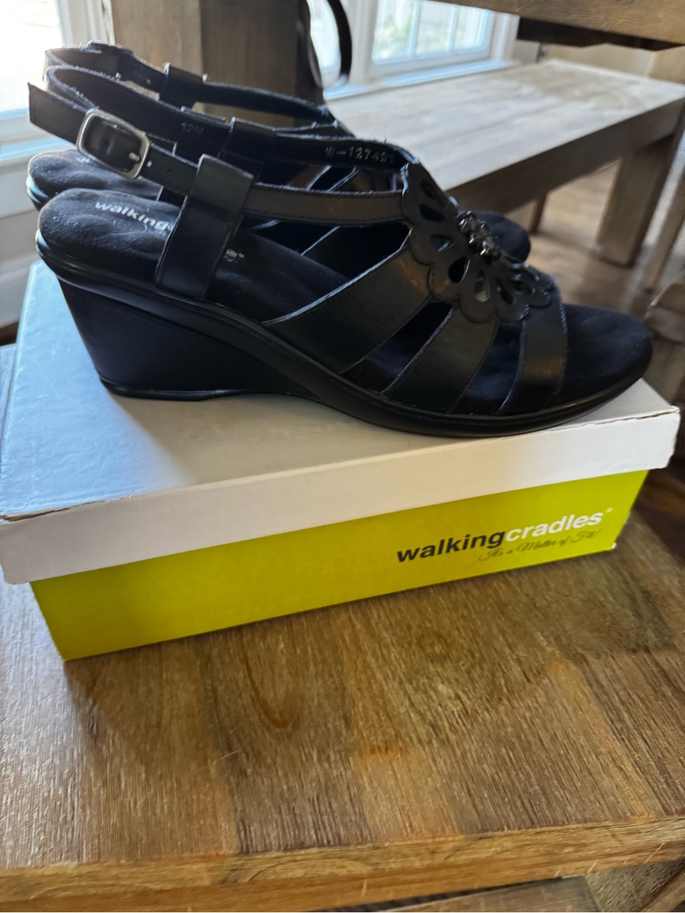 Walking Cradles Black Leather Floral Cutout Wedge Sandals